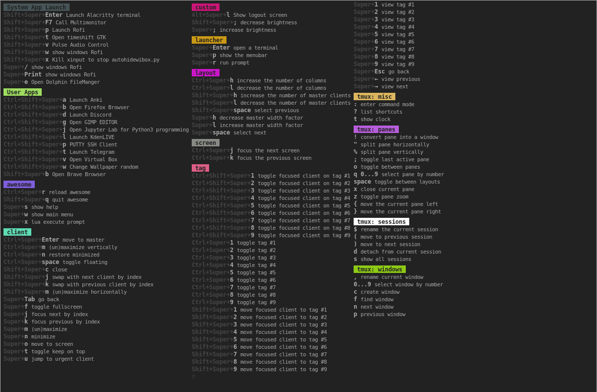 awesomewm shortcut menu. [Source](https://stackoverflow.com/questions/73519361/awesome-wm-shortcut-to-toggle-or-make-a-window-sticky-this-shortcut-is-not-show)